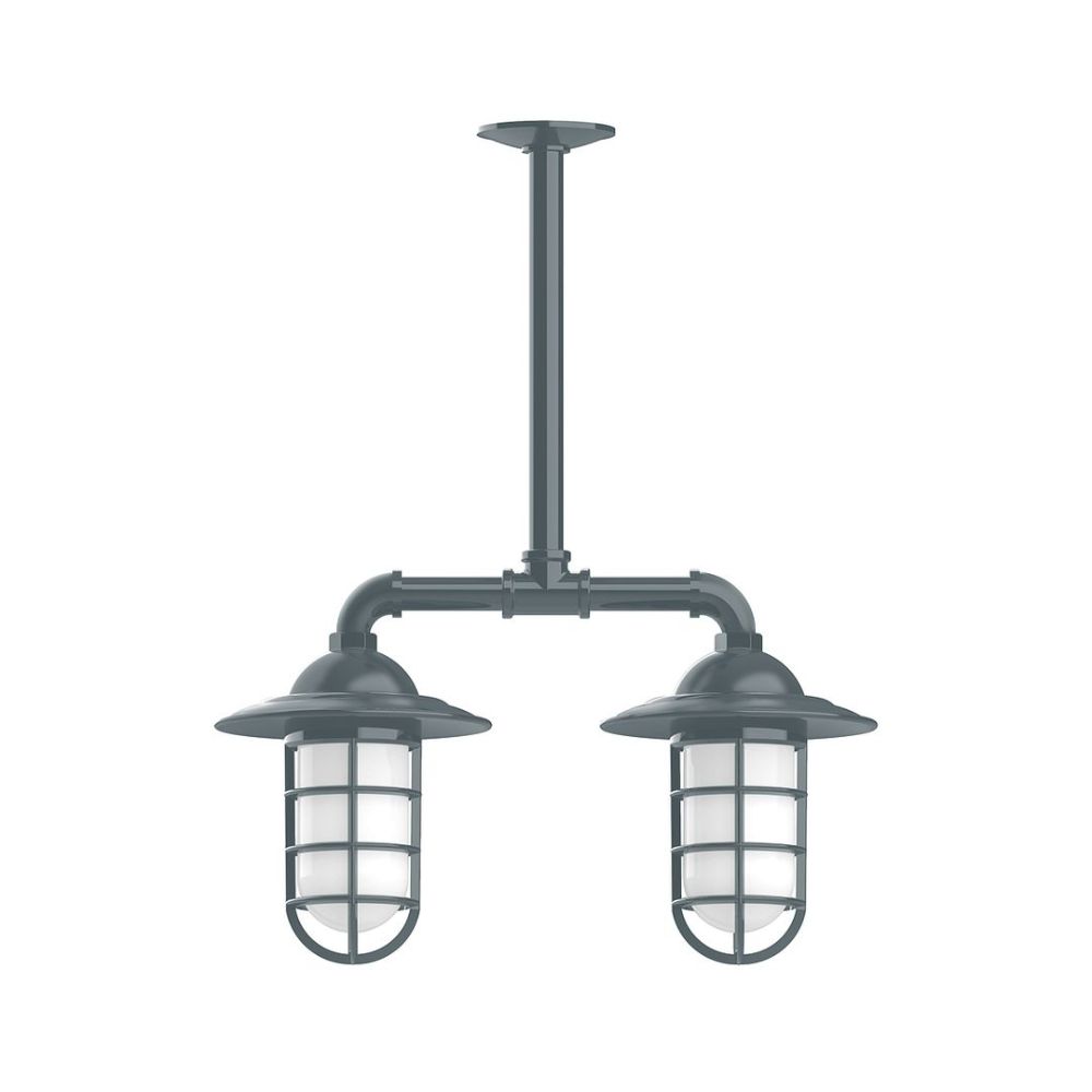 Montclair Lightworks MSA052-40-T24-G07 Vaportite, Style A shade, 2-light stem hung pendant with frosted glass and cast guard, Slate Gray